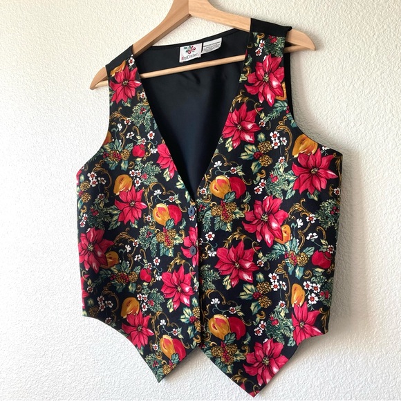 Vintage Boho Vest Novelty Christmas Holiday Floral Medium Black Red Cottagecore - Picture 2 of 16
